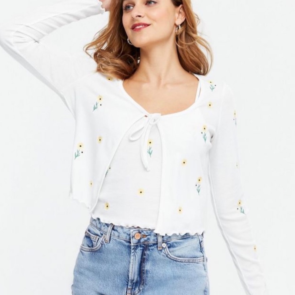New Look White Sunflower Ribbed Tie Front Cardigan